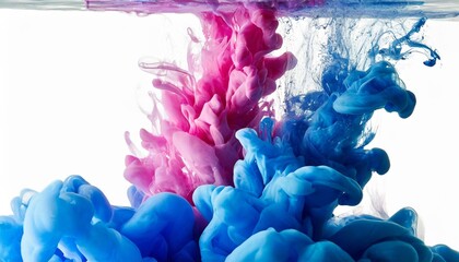 splash of blue and pink paints in water over white background