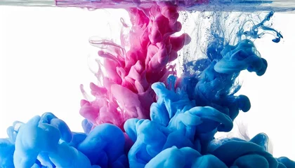 Fotobehang splash of blue and pink paints in water over white background © Richard