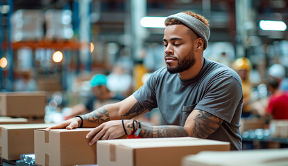 Young man packing boxes with ordered goods in Huge fulfillment center of giant e-commerce company. People manual work, retail commerce industry and worldwide international shipping concept image. - obrazy, fototapety, plakaty