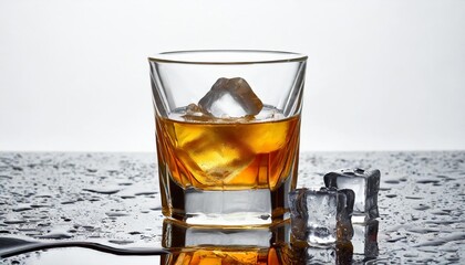chilled whiskey served with ice on white background