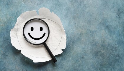 smiling face icon inside on circle grunge white paper cut with magnifying glass for good feedback rating and positive customer review experience satisfaction survey mental health concept