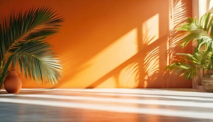 abstract gradient orange studio background for product presentation empty room with shadows of window and flowers and palm leaves 3d room with copy space summer concert blurred backdrop