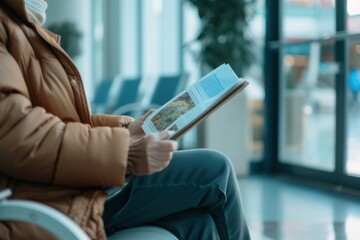 Individual with a face mask reading a magazine in a public waiting area with a bright entrance in the background. Hospital queue