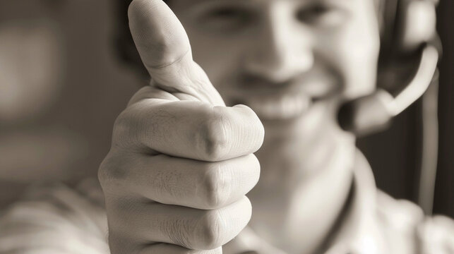  Success Gesture: Capture the representative making a thumbs-up or victory gesture while smiling and wearing their headset, symbolizing a successful sales or a positive interaction with a customer.