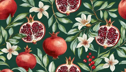hand drawn pomegranate fruit on a branch with leaves and flowers seamless pattern illustration on...