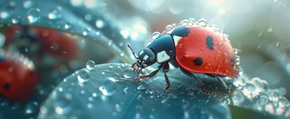 macro shot ladybug on Leaf with Water Droplets, Vivid Nature Detail