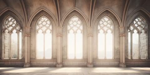Gothic cathedral with arcade features, including architectural elements like windows and doors. - obrazy, fototapety, plakaty