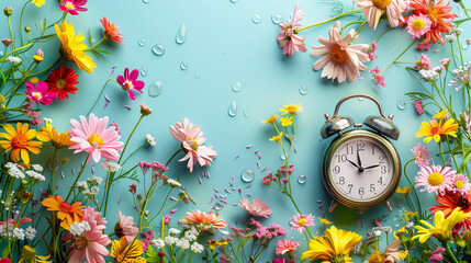vintage alarm clock on a blue background with beautiful spring flowers.