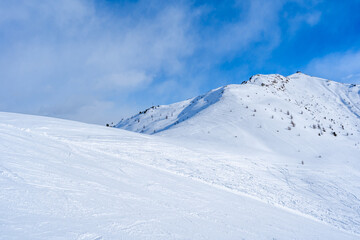 Winter landscape with snow covered Dolomites in Kronplatz, Italy