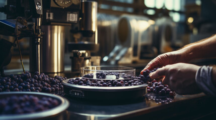 A winery worker sorts through red grapes beside stainless steel fermentation tanks. - obrazy, fototapety, plakaty