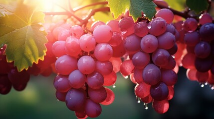  Sunlit bunches of red grapes on the vine, ready for harvest in a vineyard.