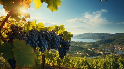 Blue grapes on a vine overlooking a valley and river under the bright sunlight.