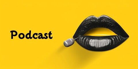 IIllustration Podcast Black and yellow  background for product, cloud message, lips,microphone, with empty space for text or greeting card design. Creative 