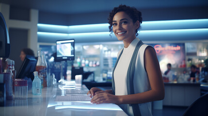 A female cashier in a futuristic store - obrazy, fototapety, plakaty