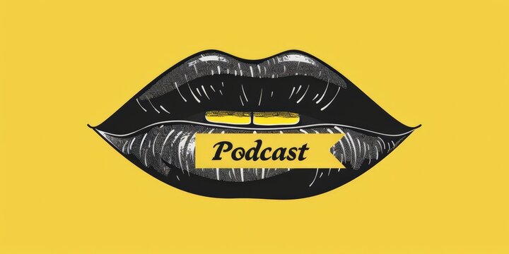 IIllustration Podcast Black and yellow  background for product, cloud message, lips,microphone, with empty space for text or greeting card design. Creative 