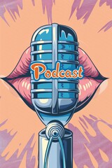 illustration "Podcast" text. Blue and orange, pink background for product, lips,microphone, with empty space for text or greeting card design. Postcard, banner. poster.