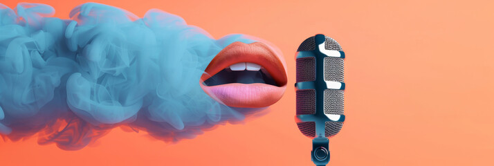 Illustration Blue, orange, pink background for product, cloud message, lips,microphone, with empty space for text or greeting card design. Creative postcard, banner. - obrazy, fototapety, plakaty