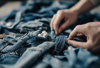 Old jeans upcycling idea Crafting with denim recycling old clothers hobby diy activity Sustainable z