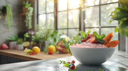 Minimalist vegetarian breakfast: Bright smoothie bowl with fruits on a modern kitchen background...