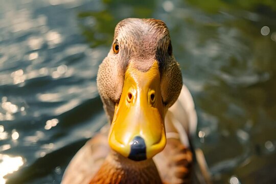 A close-up photo of a duck looking directly at the camera, with sparkling water in the background.