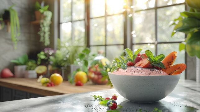 Minimalist vegetarian breakfast: Bright smoothie bowl with fruits on a modern kitchen background with a large window