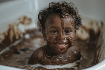 Beautiful smiling Children's Day child celebrating Easter inside a tub full of creamy chocolate dessert - obrazy, fototapety, plakaty
