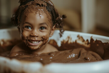 Beautiful smiling Children's Day child celebrating Easter inside a tub full of creamy chocolate...
