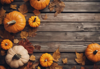 Pumpkins and leaves over wooden background copy space Template fall harvest thanksgiving halloween i