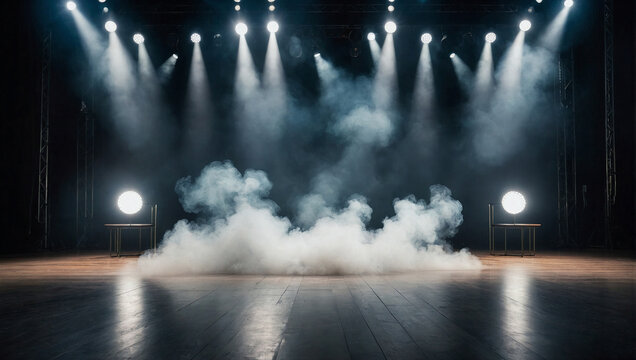Empty stage under dim lights and in smoke. Entertainment, music and fashion concept. Product placement or copy space idea.