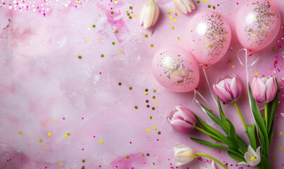 women's day festive background with pink balloons and tulips on abstract textured surface ,copy space 