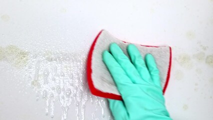 A rubber-gloved hand removes mold with a sponge and spray for disinfection. Removing mold on the walls inside the apartment. Humidity in the room and the appearance of mold.