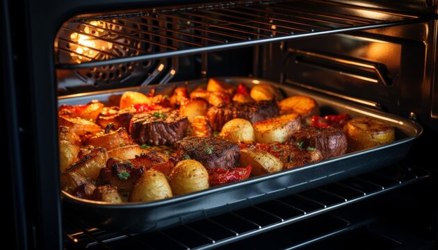 Delicious homemade baked meat cooking in the kitchen oven with mouthwatering aroma