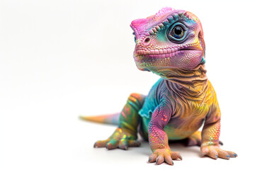 Studio portrait of a colorful baby dragon or a lizard. Close view on white background - 741906715