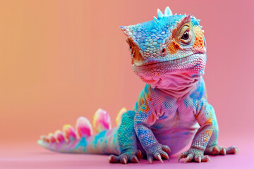 Studio portrait of a colorful baby dragon or a lizard. Close view on color background