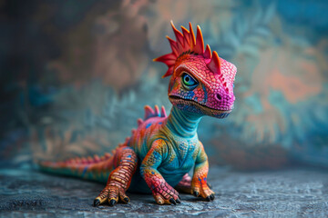 Studio portrait of a colorful baby dragon or a lizard. Close view on color background - 741906729