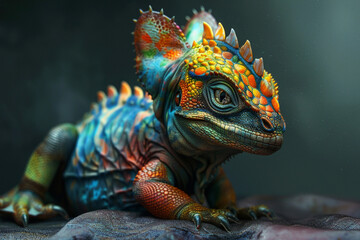 Studio portrait of a colorful baby dragon or a lizard. Close view on color background - 741906732