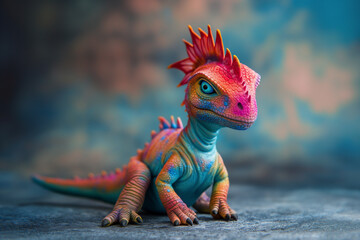 Studio portrait of a colorful baby dragon or a lizard. Close view on color background - 741906736