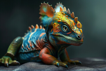 Studio portrait of a colorful baby dragon or a lizard. Close view on color background