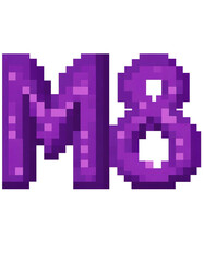 Fototapeta premium Illustration of an M8 purple pixelated letters in 8bits videogame style announcing and commemorating March 8, International Women's Day. White background.