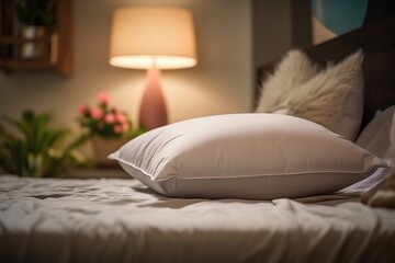 White Pillow on Bed with Lamp and Plant on Nightstand
