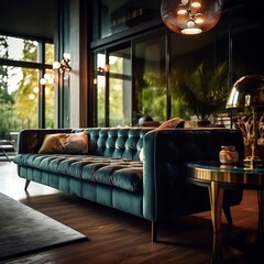 Modern living room with blue velvet couch and city view
