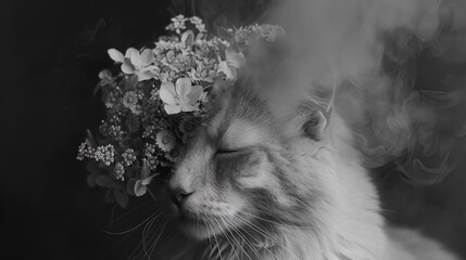A cat with a bunch of flowers on its head