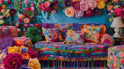 A living room with a colorful couch and colorful flowers on the wall