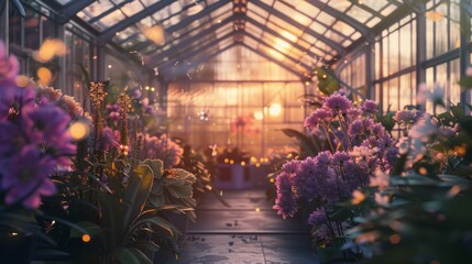A greenhouse filled with lots of purple flowers