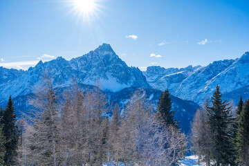 Winter landscape with snow covered Dolomites in Kronplatz, Italy