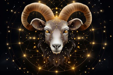 Aries zodiac sign shining in gold on a dark background, isolated vector illustration
