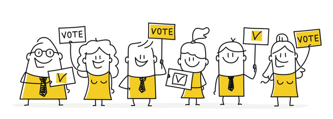 Stick figures holding posters calling to vote