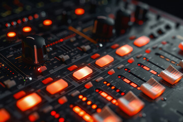 Audio sound mixer control panel with buttons and sliders. Generative AI