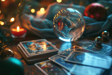 Fortune telling table with a magic crystal ball and tarot cards. Generative AI - obrazy, fototapety, plakaty