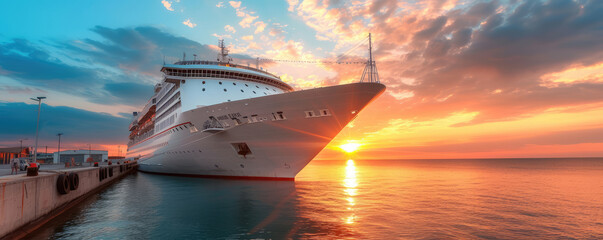 A majestic cruise ship docks at a pier during a vibrant sunset over the ocean. - obrazy, fototapety, plakaty